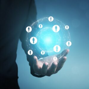 Person holding a hologram of people.