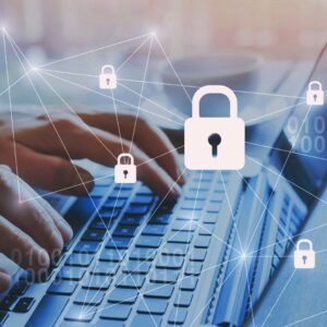 People typing on a keyboard with holographic locks over it.