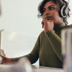 Woman working an IT call