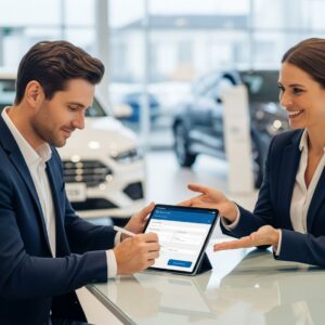 A male customer confidently signs digital paperwork for a car purchase 
