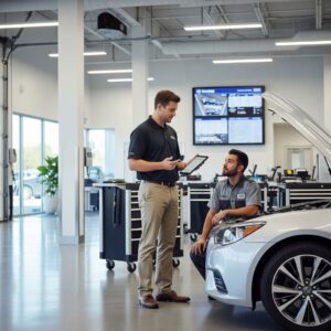 A dealership professional with a tablet, consulting with a service technician