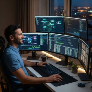 An IT professional is remotely monitoring multiple screens