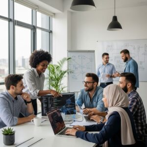 dealership employees are smiling and chatting confidently in a clean, modern break room.