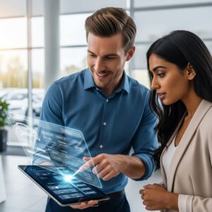 A dealership professional is smiling while showing a customer a process on a large tablet.