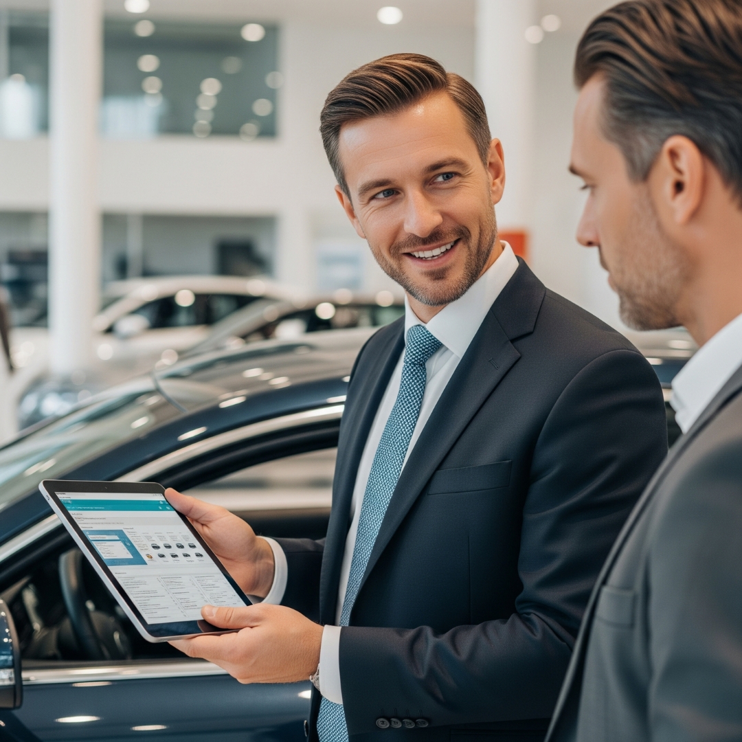A dealership salesperson assisting a customer with a tablet in front of a new car.