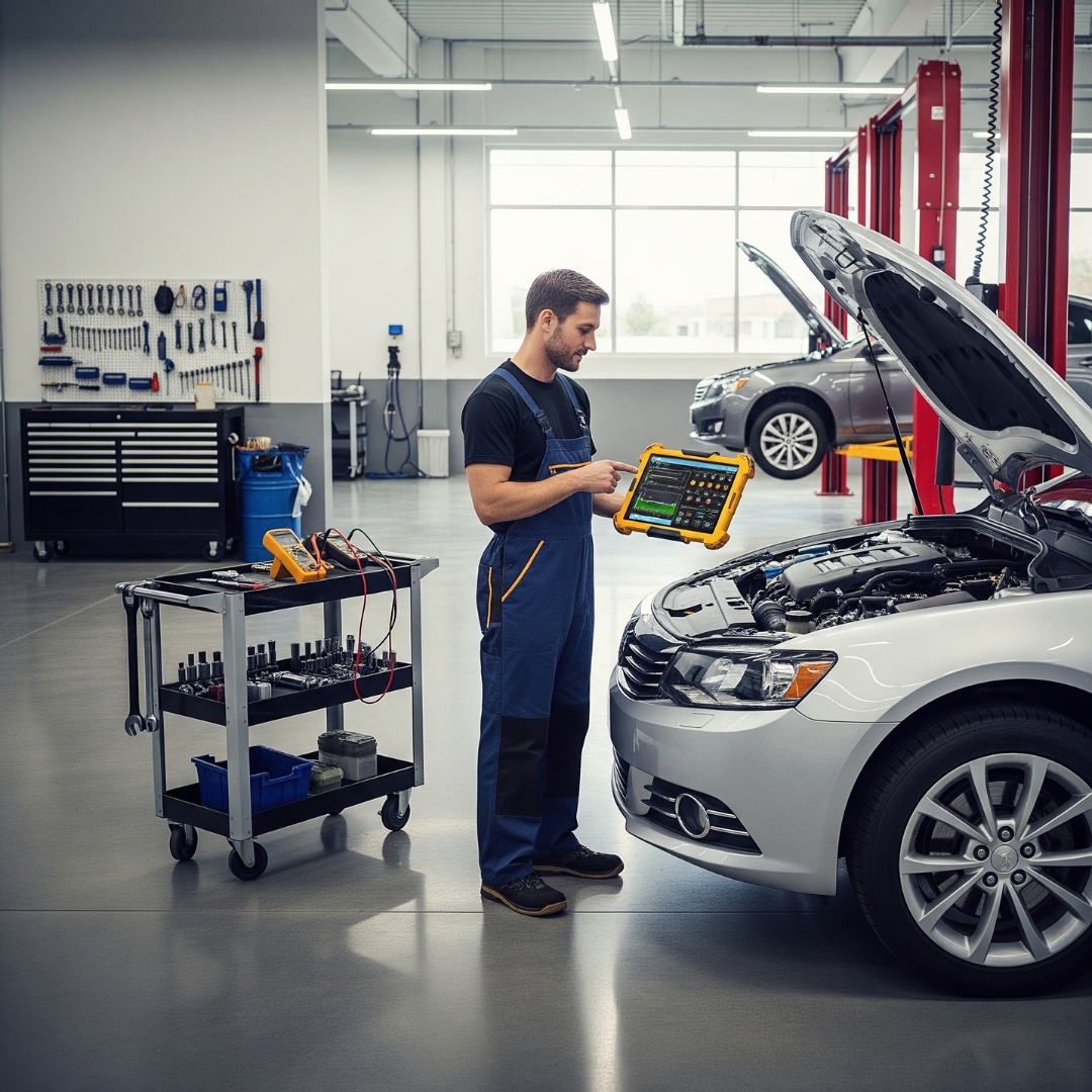 An auto mechanic in a modern service bay uses a tablet for vehicle diagnostics.