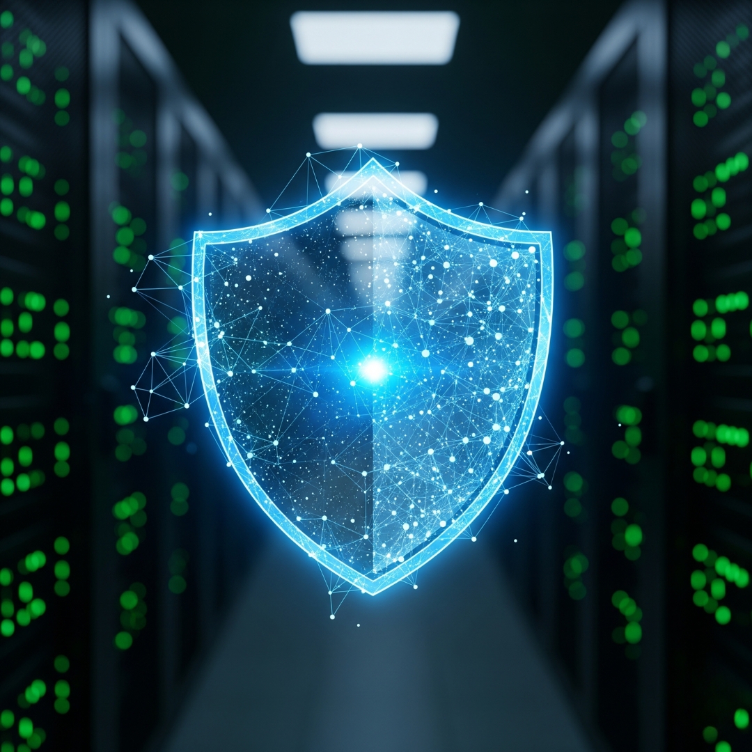 A glowing digital shield symbolizing robust cybersecurity protecting server room equipment.
