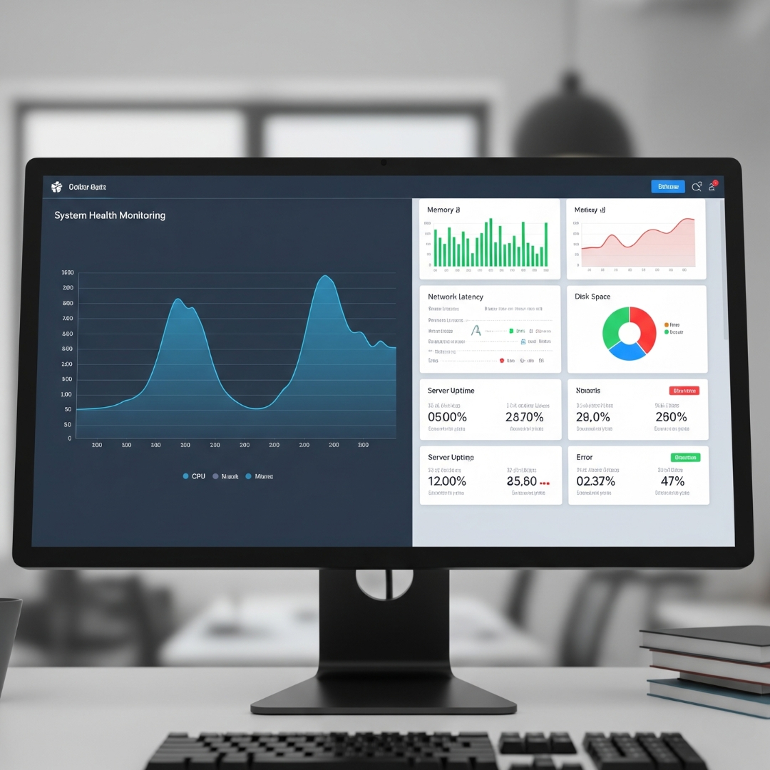 A computer screen showing system health data and performance graphs for IT remote monitoring.