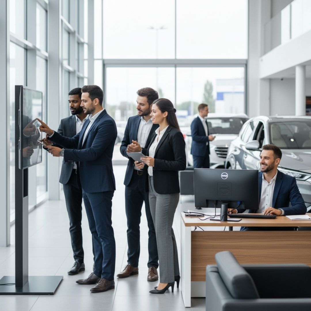A diverse sales team collaborates using a digital display in a modern, open-plan car dealership.