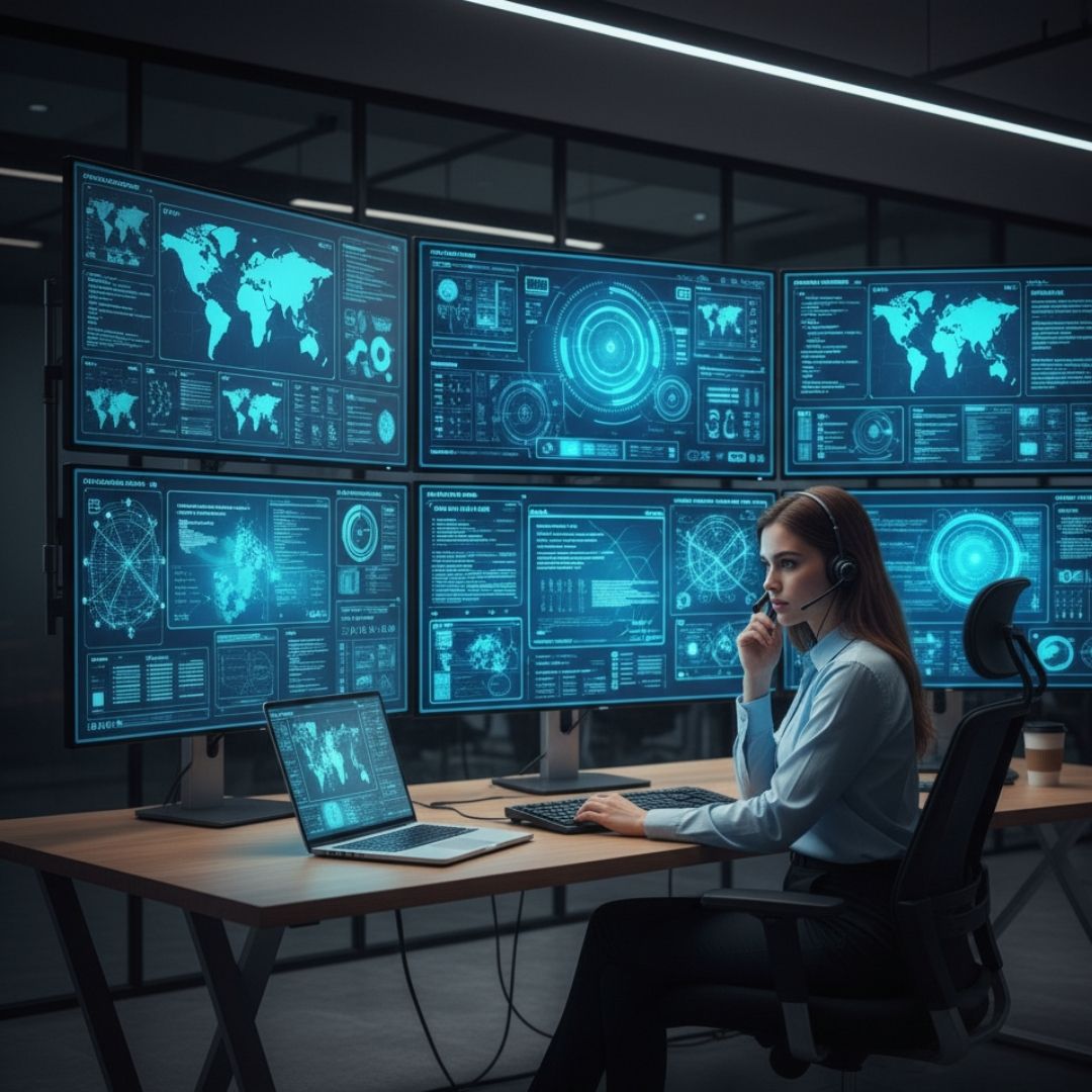 A cybersecurity analyst works intently at a multi-screen workstation within a large, secure data center.