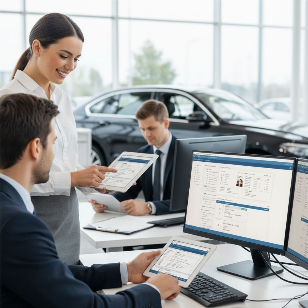 Dealership employees seamlessly interact with integrated software across tablets and desktop computers in a bright office.
