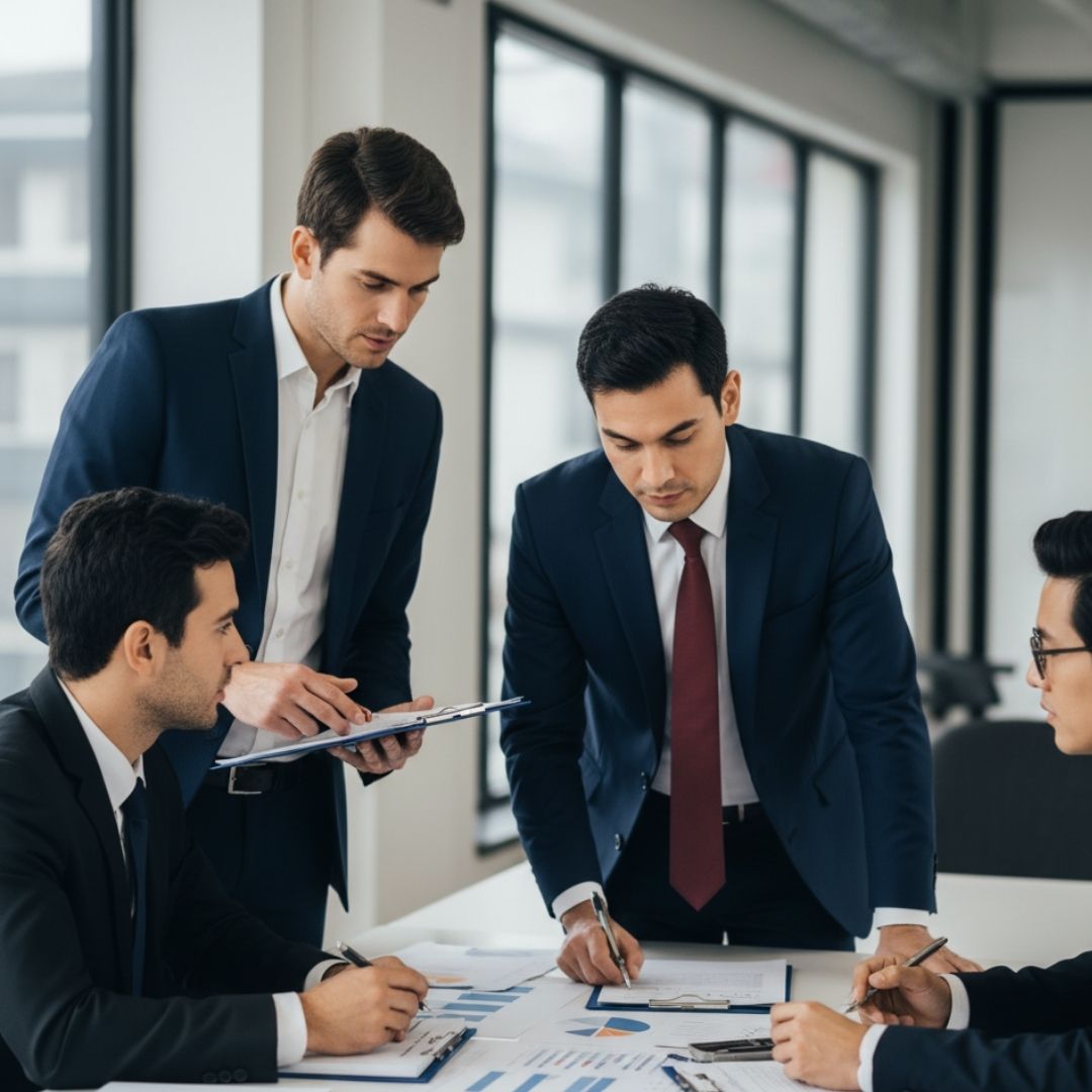 A diverse group of business professionals in suits review financial documents and charts around a conference table.
