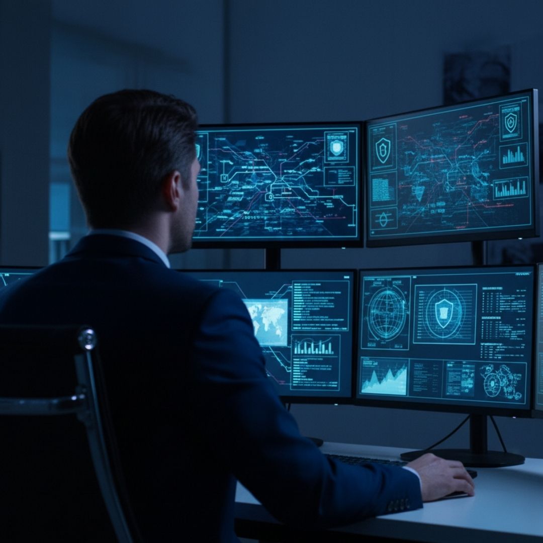A man in a suit monitors multiple screens displaying data and network security protocols in a dark room.