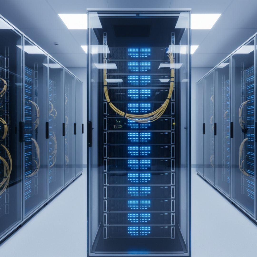 A server rack glows with blue lights, showcasing active data center operations.