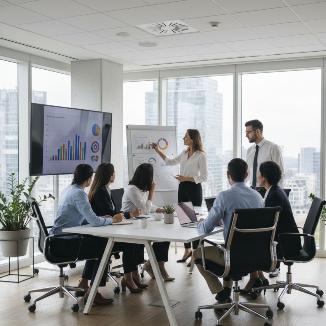 A diverse team of professionals engages in a collaborative meeting within a bright, contemporary office.