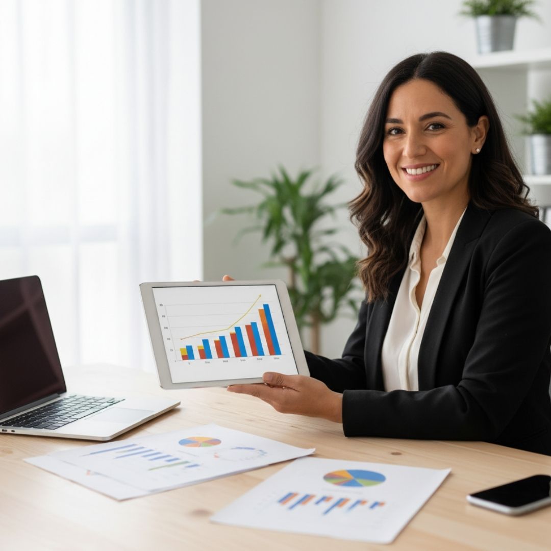 Smiling business professional confidently using a tablet, charts visible on desk, bright office.