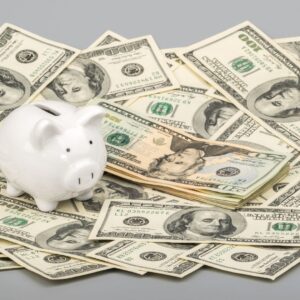 Cash next to a piggy bank
