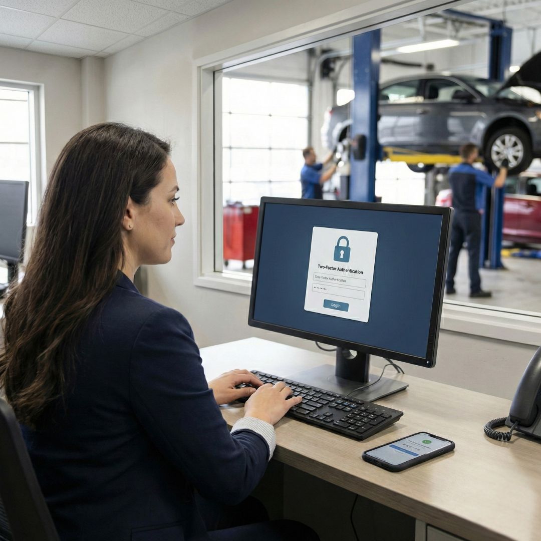A dealership administrative professional at a clean office desk using a computer with a two-factor authentication login screen, with a vehicle service bay visible through a large interior office window.