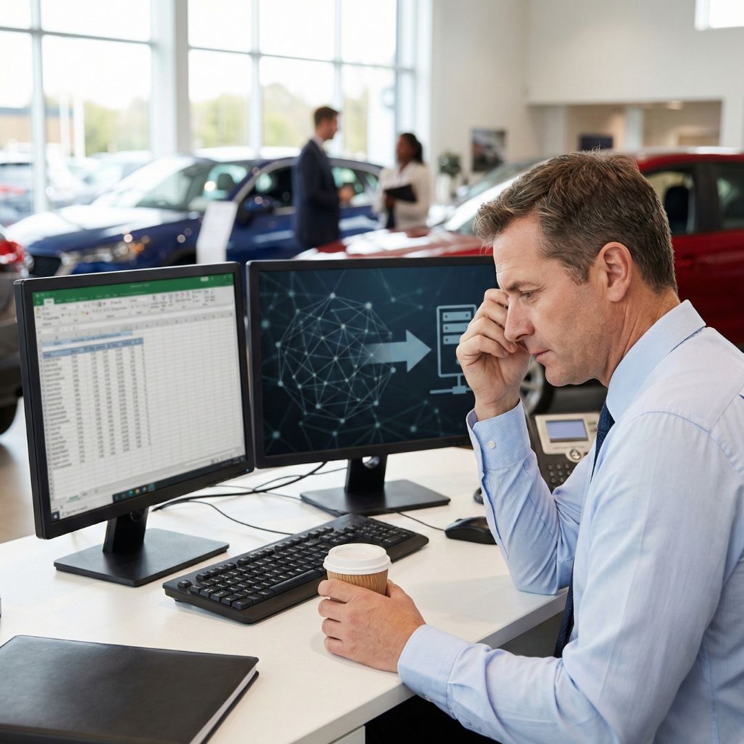 A dealership employee looking concerned at his desk while dual monitors display a data spreadsheet and a graphic illustrating sensitive information being transferred away from a server.