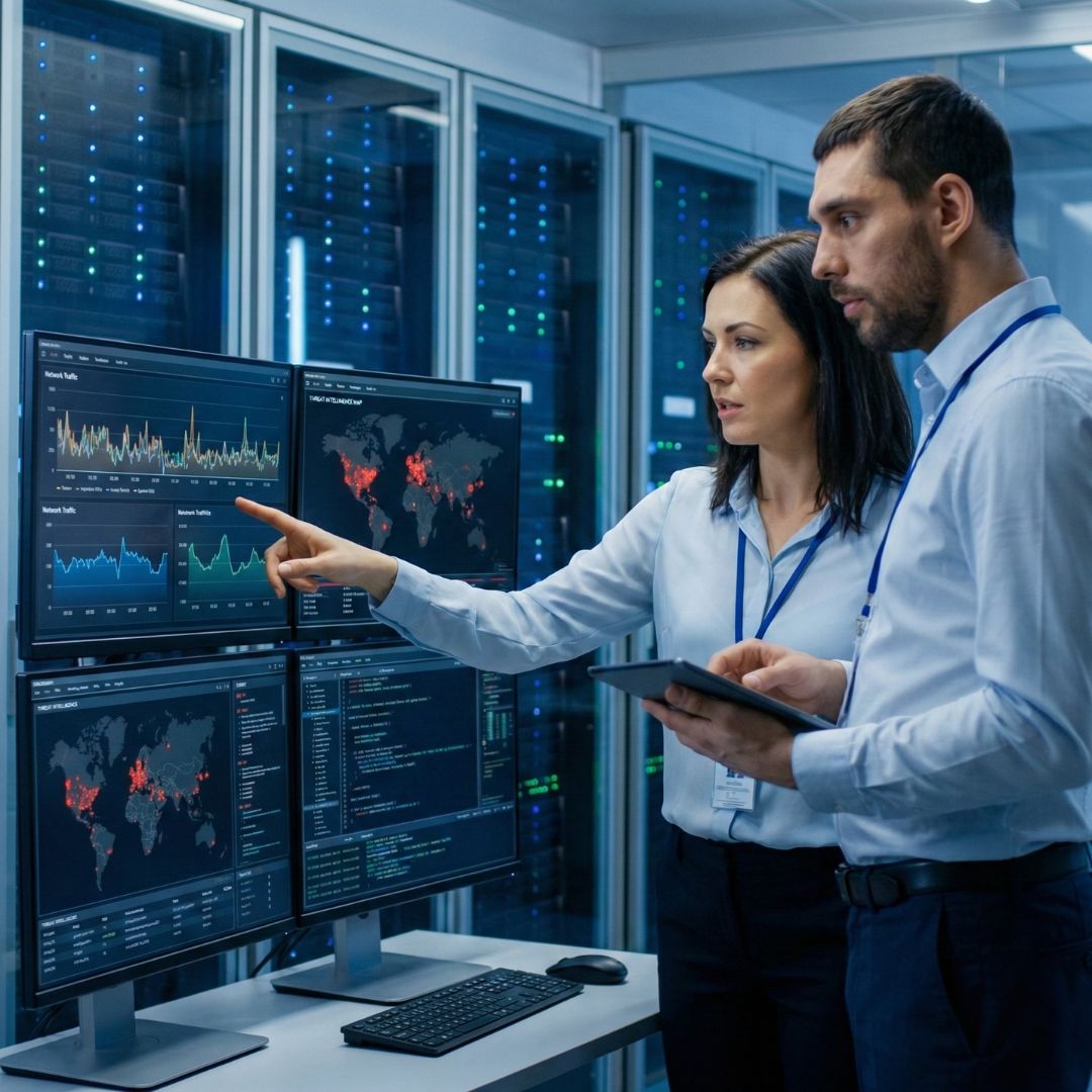 Two IT security professionals in a modern server room operations center, pointing at multiple screens displaying real-time global threat maps and network monitoring graphs.