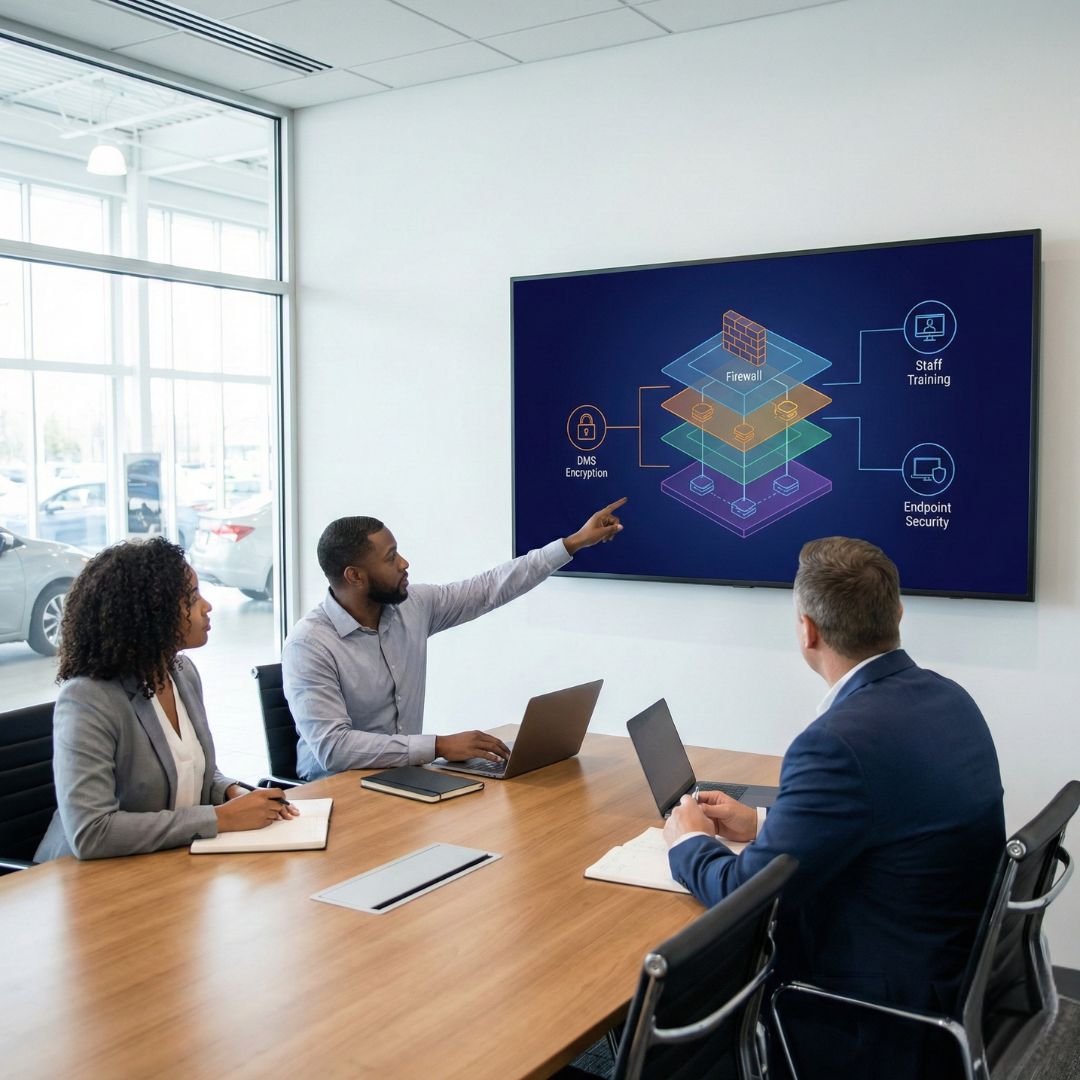 A diverse team of professionals in a bright dealership conference room collaborating during a meeting. One team member points to a large wall monitor displaying a professional infographic of a multi-layered cybersecurity defense strategy, featuring stacked layers like firewall protection, staff training, and encrypted systems.
