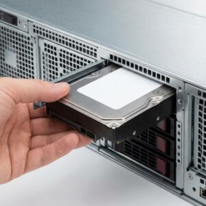 A close-up view of a hand securely inserting a compact, generic data storage drive into a metallic server rack chassis.
